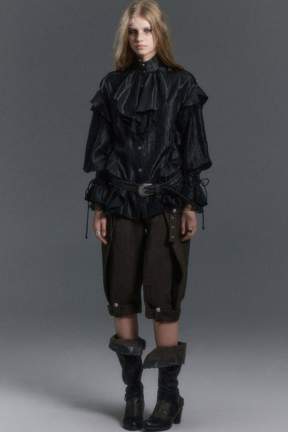 High Collar Ruffle Acetate Shirt