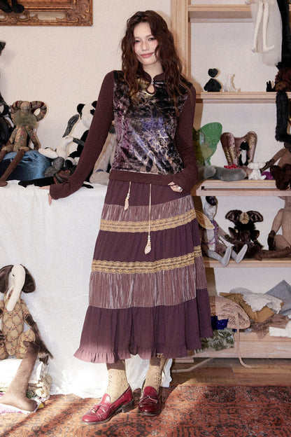 Crinkled Velvet Floral A-Line Skirt
