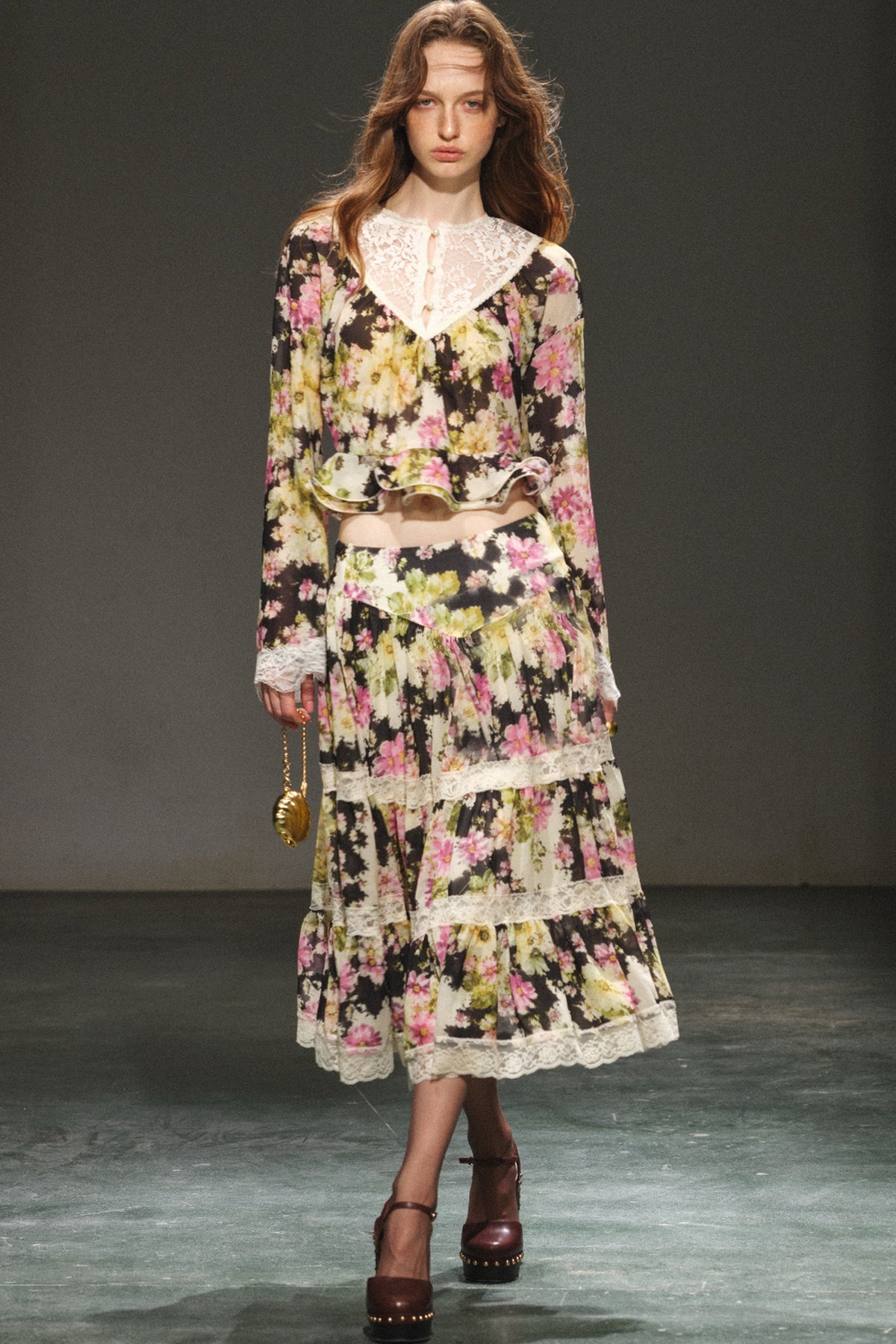 Reversible Floral Chiffon Top and Lace Skirt Set-Up