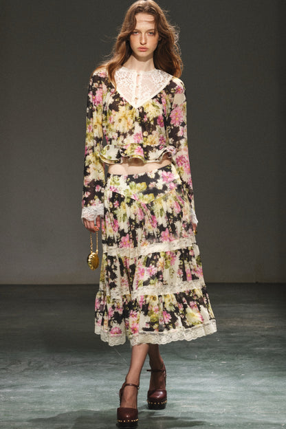 Reversible Floral Chiffon Top and Lace Skirt Set-Up