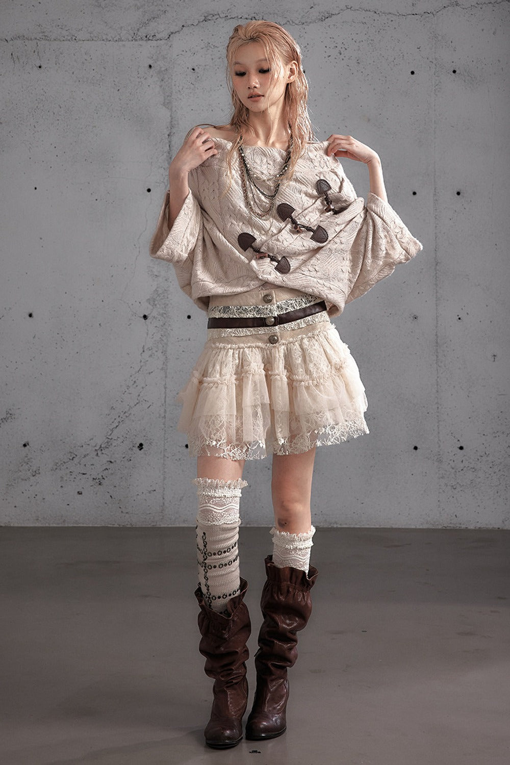Lace Patchwork Pleated Multi-Layered Puffy Skirt