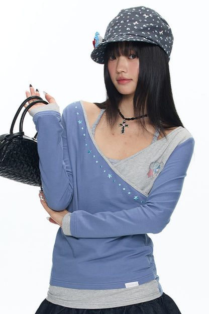 Diagonal Placket Layered-Look T-Shirt