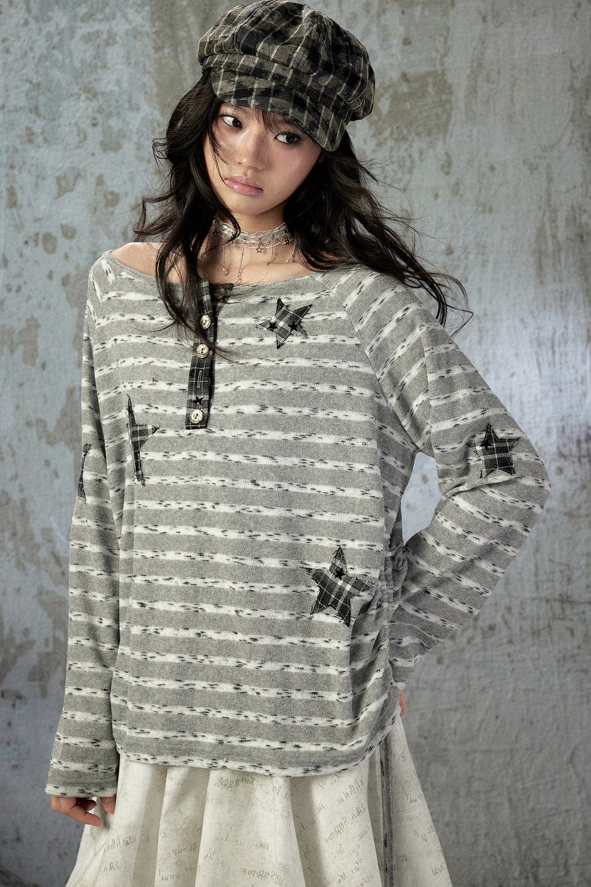 Striped Off-Shoulder Long-Sleeve T-Shirt