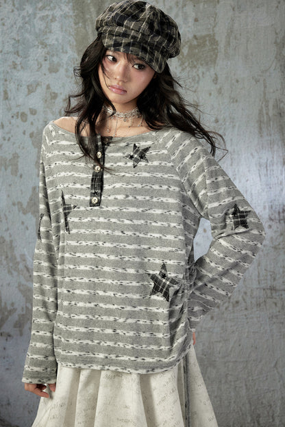 Striped Off-Shoulder Long-Sleeve T-Shirt