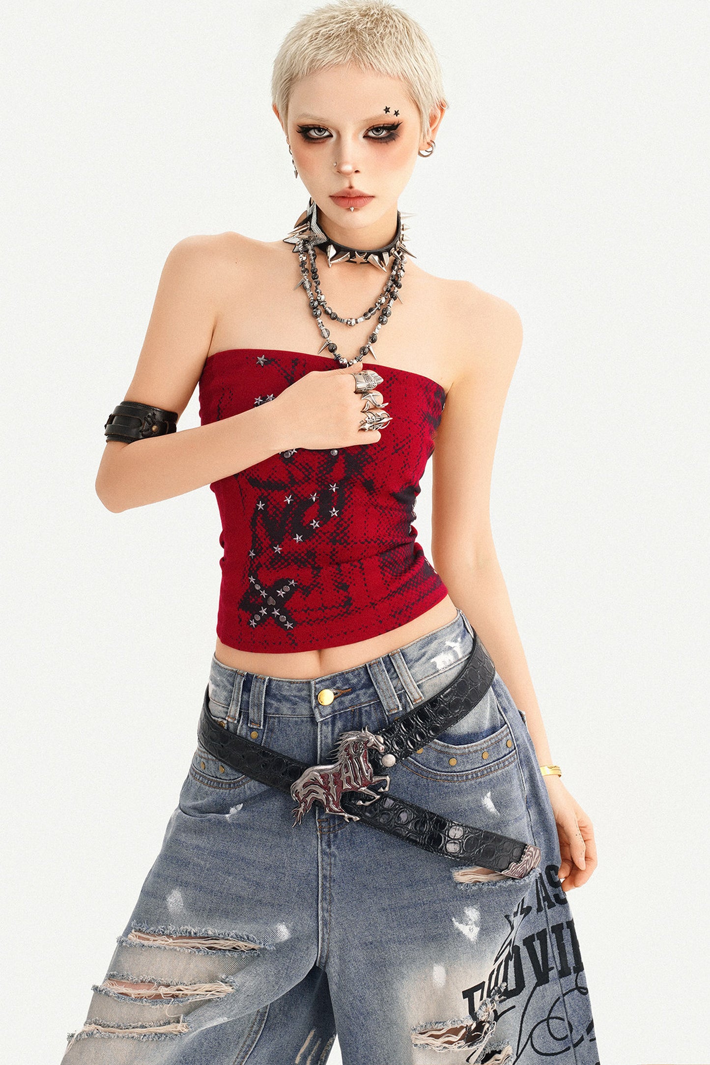 Red Gothic Studded Tube Top