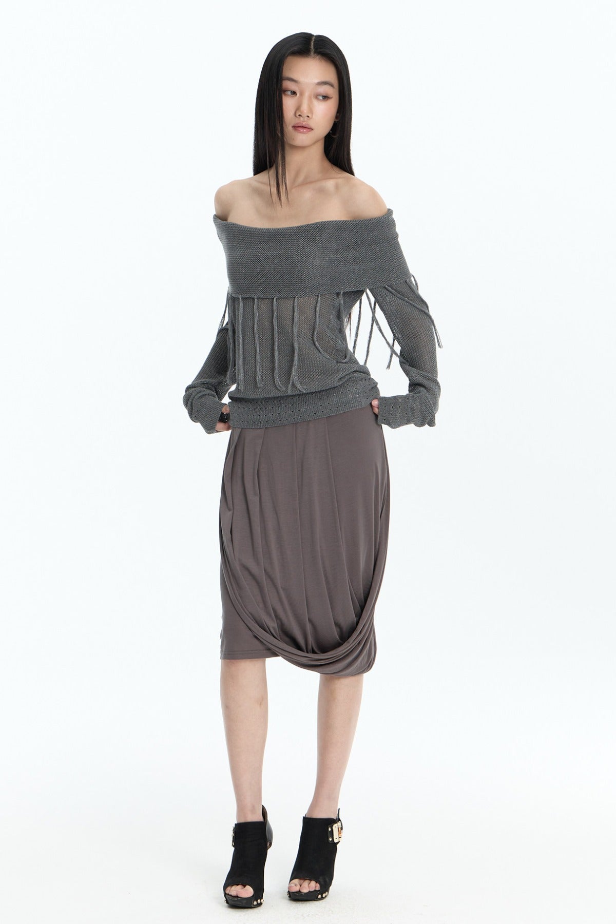 Rhinestone Waistband Asymmetrical Pleated Skirt