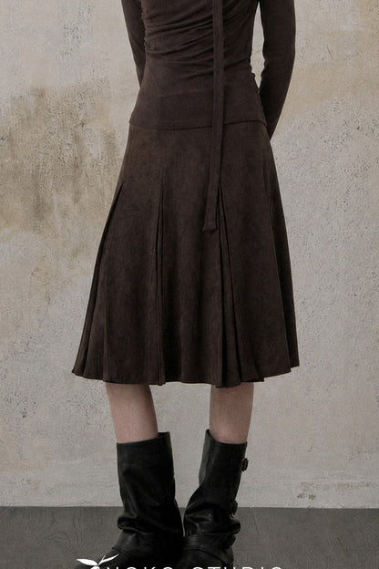 Retro Suede Pleated Skirt