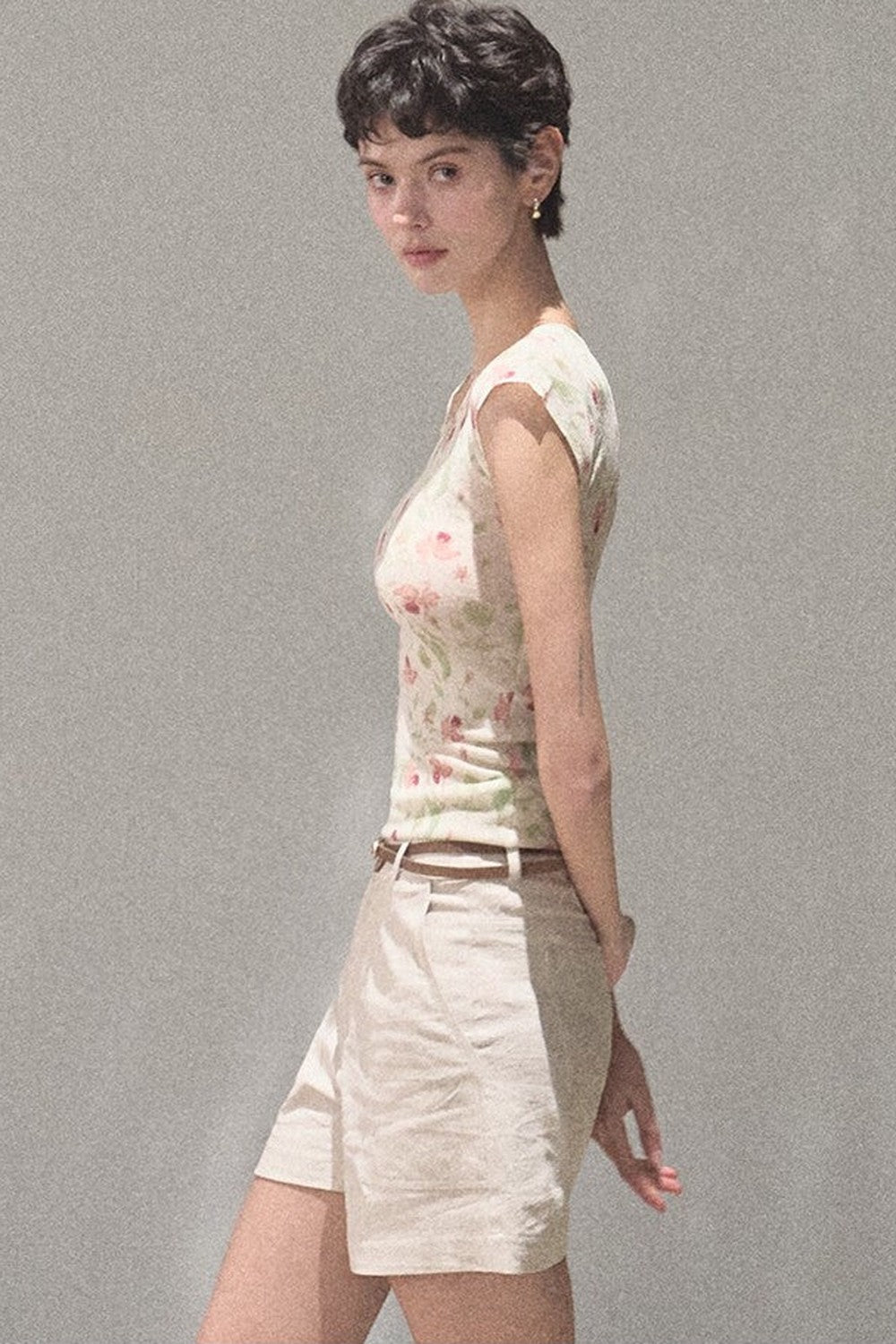 Linen Floral Cinched Top
