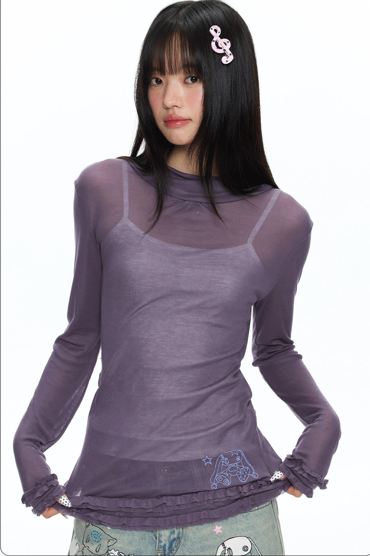 Sheer High Neck Ruffle Hem Top