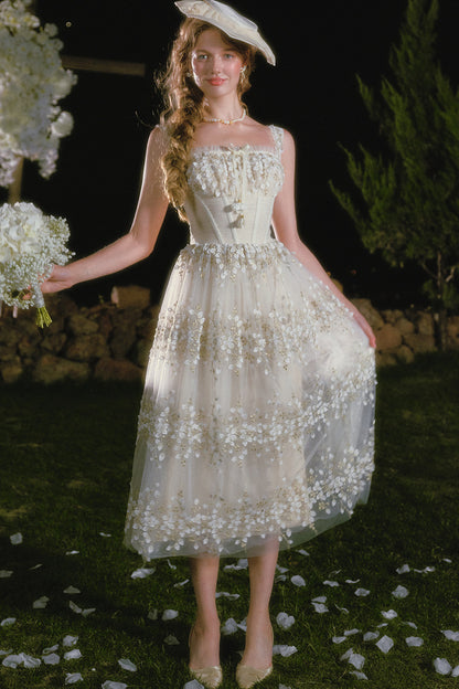 Embroidery Fishbone Strap Long Dress