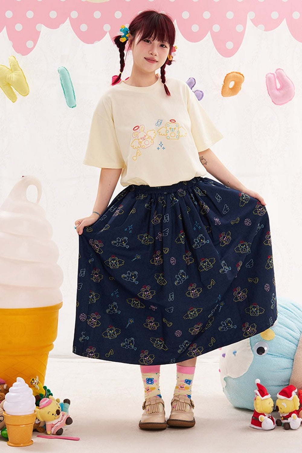 Animal Angel Print Denim Skirt