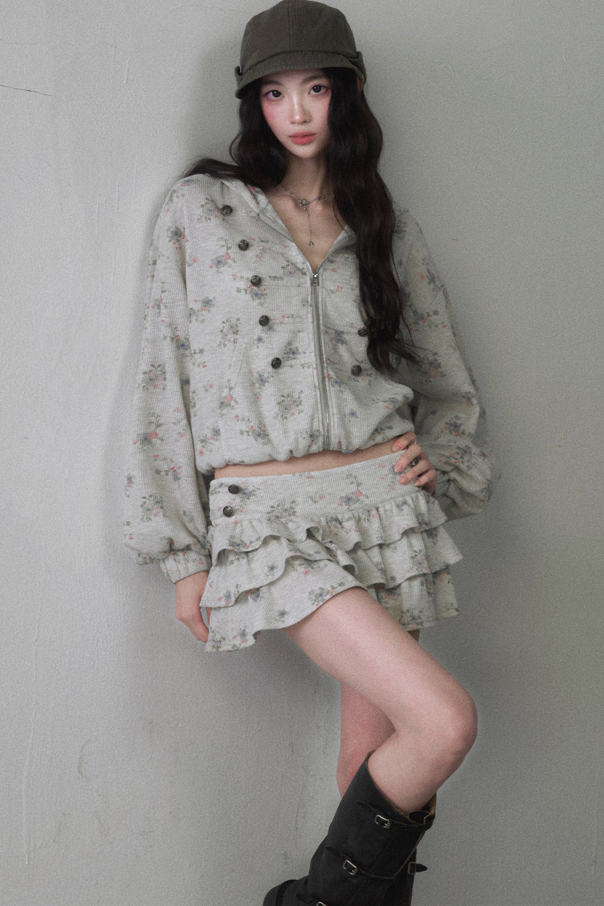 Floral Hooded Sweatshirt Camisole Ruffled Tiered Skirt Set-Up