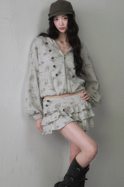 Floral Hooded Sweatshirt Camisole Ruffled Tiered Skirt Set-Up