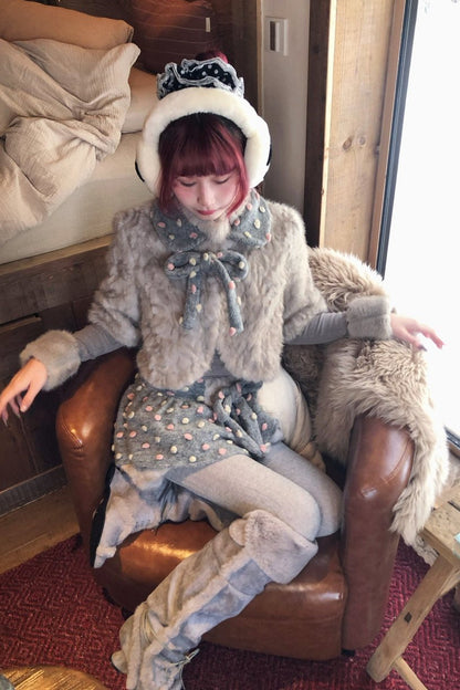 Vintage-Style Fur Patchwork Polka Dot Gray and Pink Set-Up
