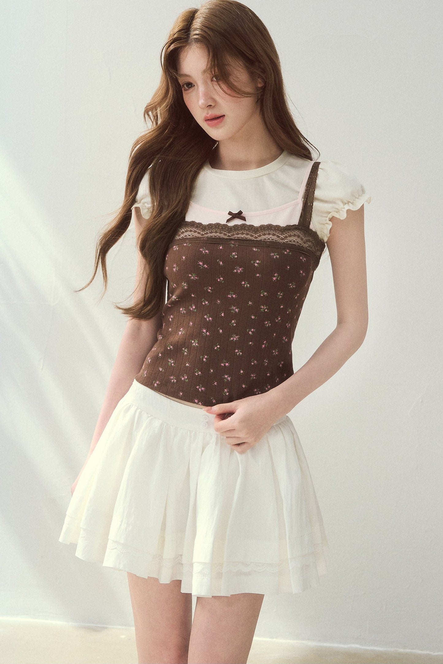 Floral Patchwork Lace Strap Puff Sleeve Top