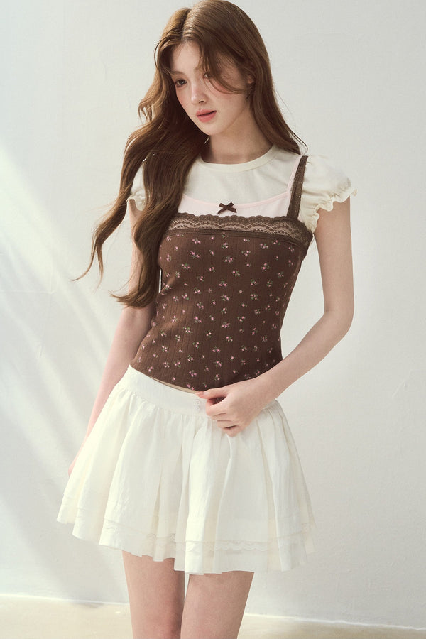 Floral Patchwork Lace Strap Puff Sleeve Top