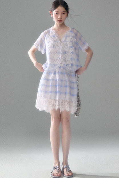 Blue White Checkered Lace Tencel Top Skirt Set-Up