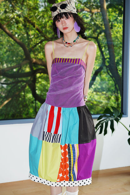Patchwork Pleated Balloon Dress