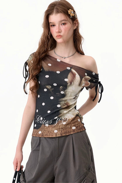 Off-Shoulder-Oberteil mit Kaninchenprint und Bindeband