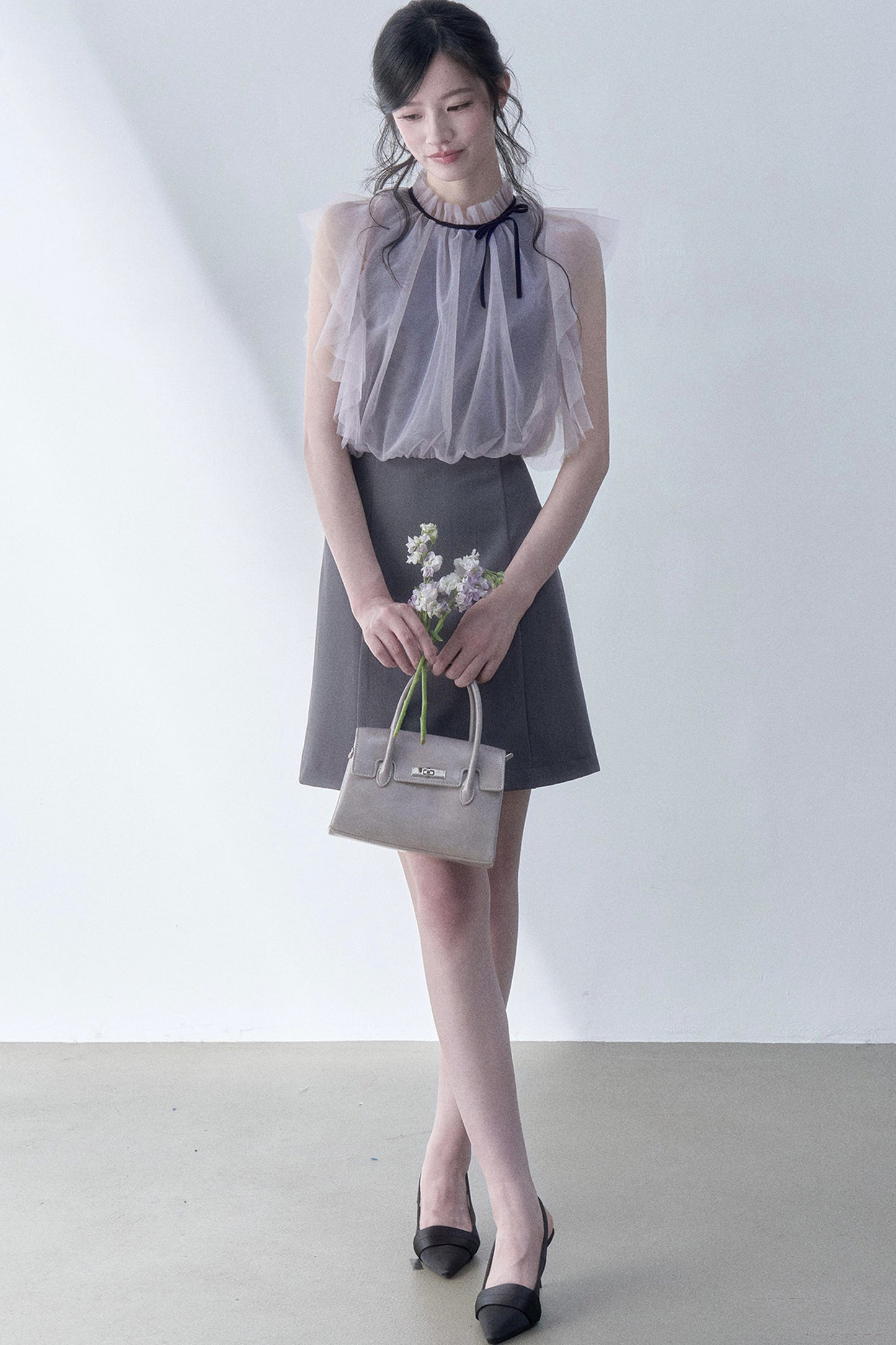 Pleated Mesh Flutter Sleeve Layered-Look Dress