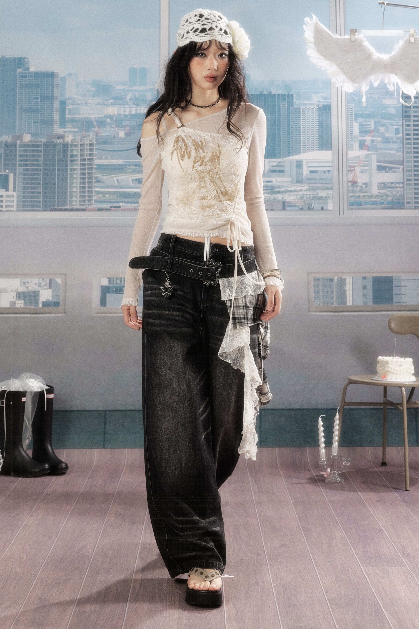 Karierte Wide-Leg-Jeans im Lagenlook