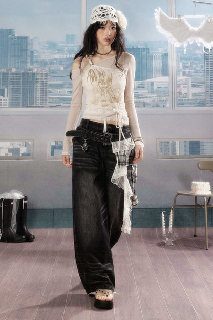 Karierte Wide-Leg-Jeans im Lagenlook