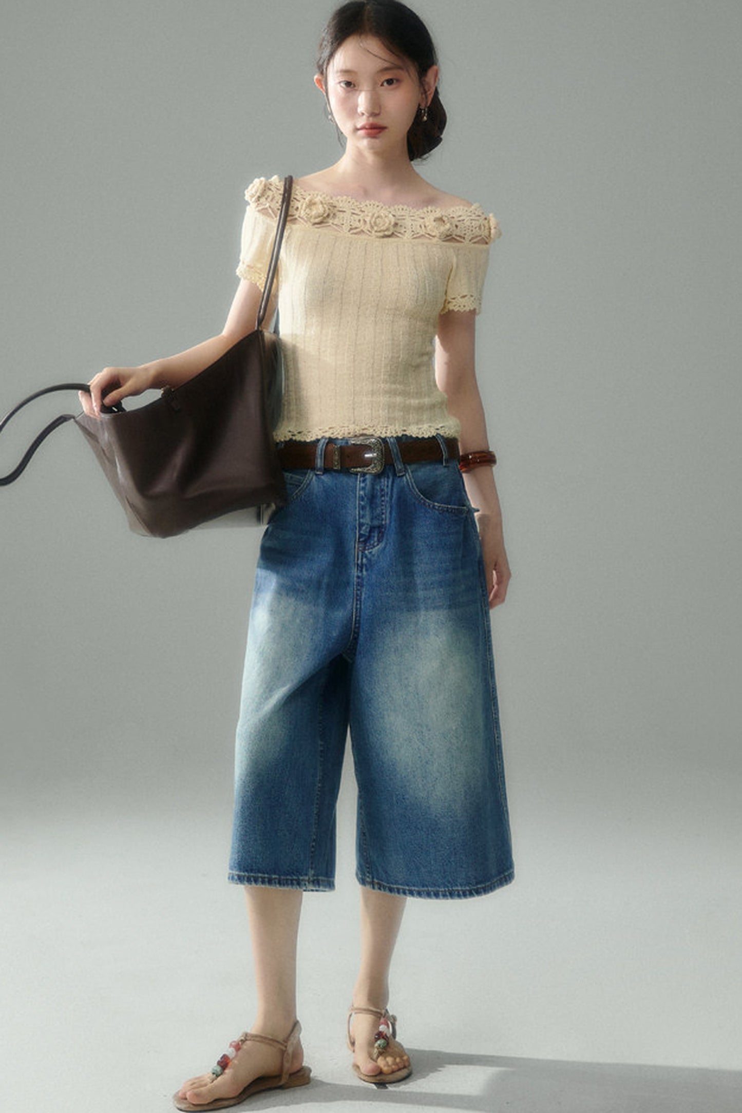 Handmade Crochet Camellia Off-Shoulder Knit Top
