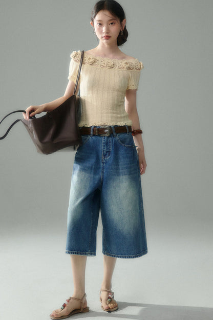 Handmade Crochet Camellia Off-Shoulder Knit Top