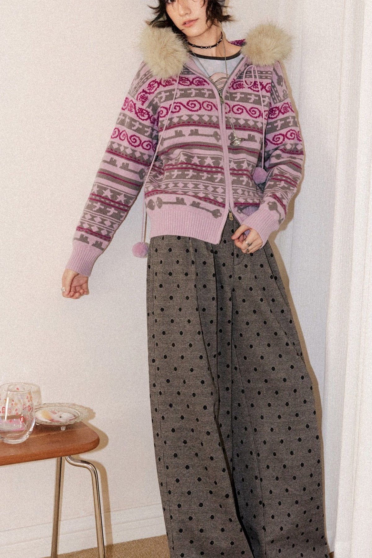 Detachable Fur Collar Fair Isle Hooded Cardigan