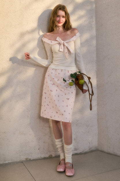 Off-Shoulder Big Bow Knit Top