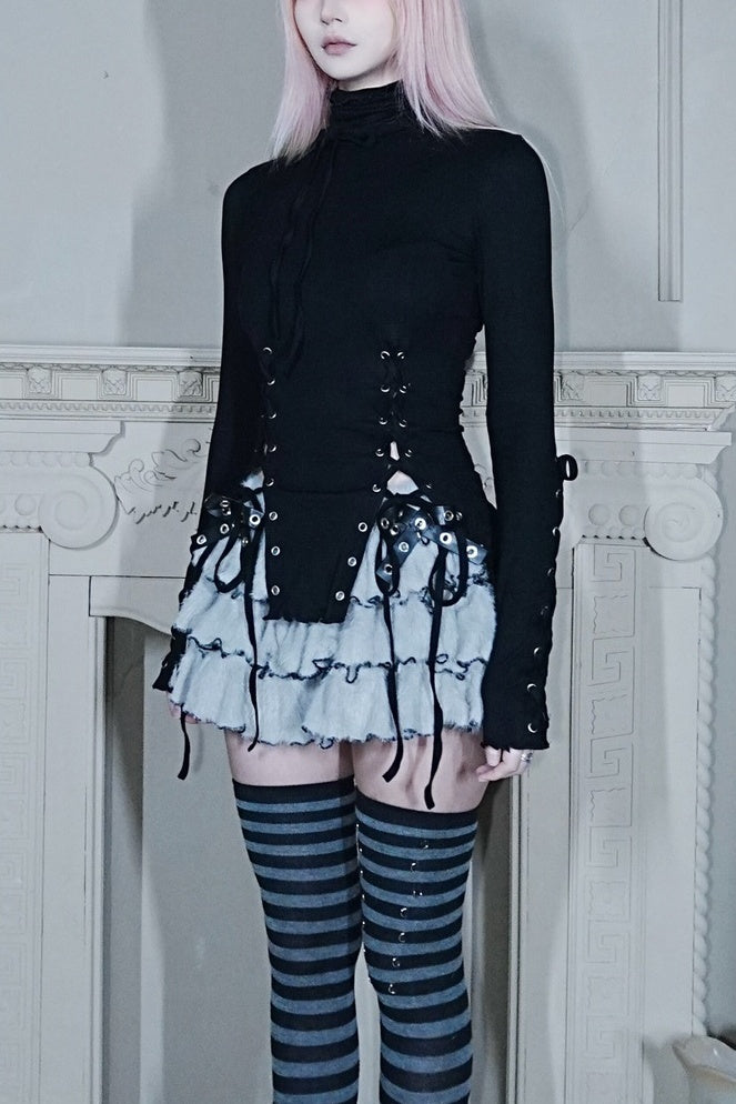 High-Neck Lace-Up Knit Top
