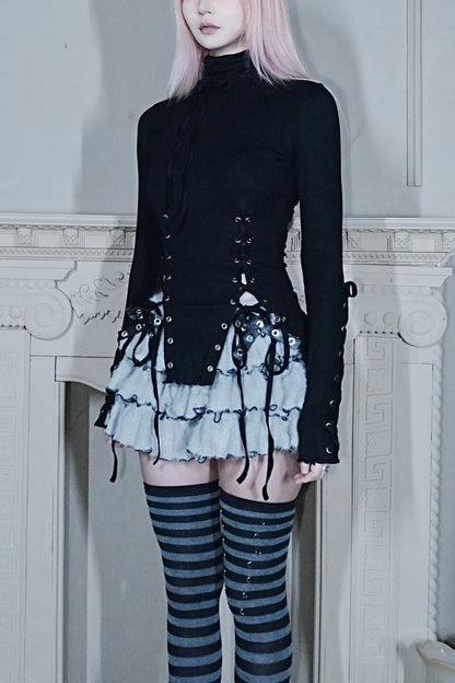 High-Neck Lace-Up Knit Top