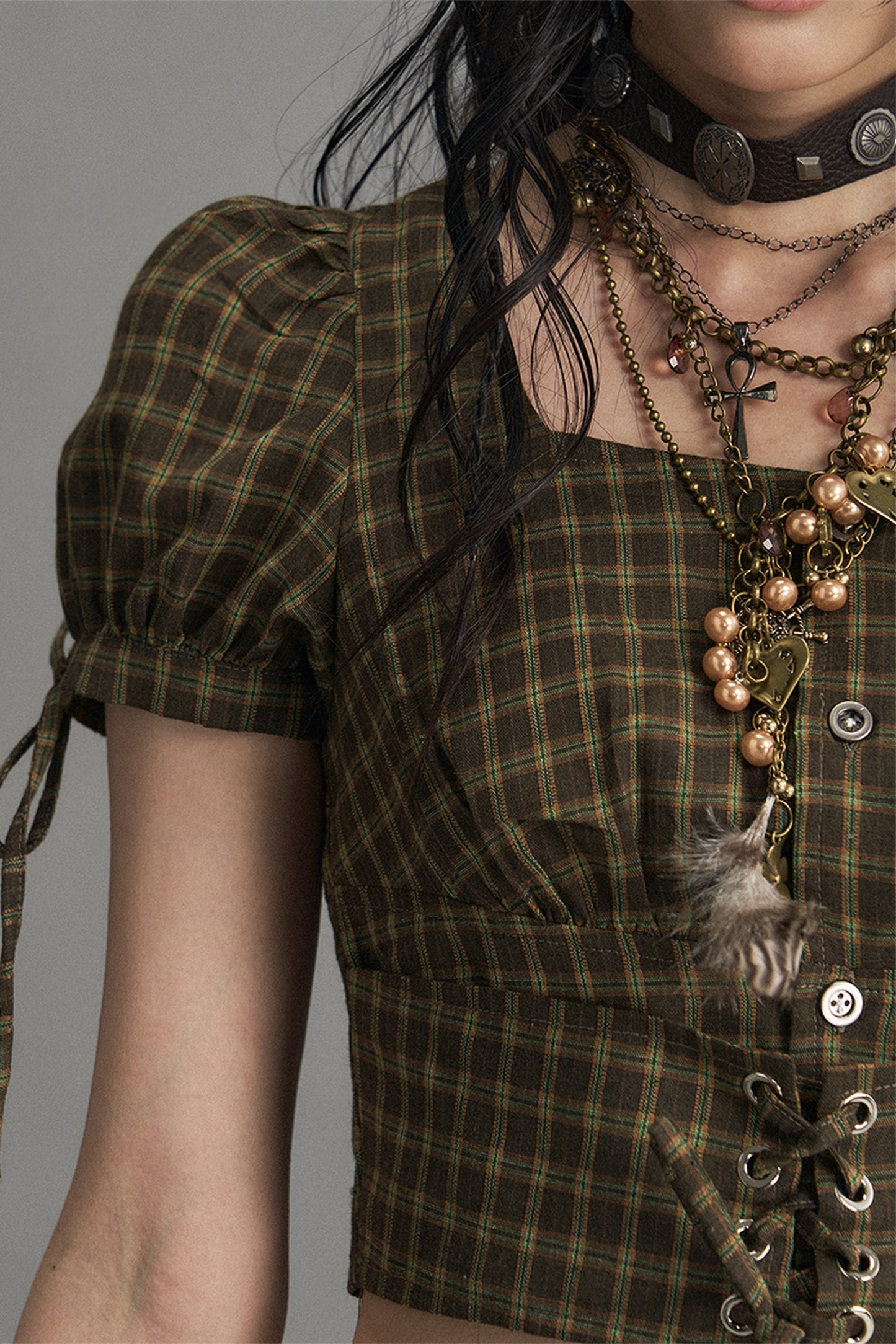Retro Plaid Puff Sleeve Blouse