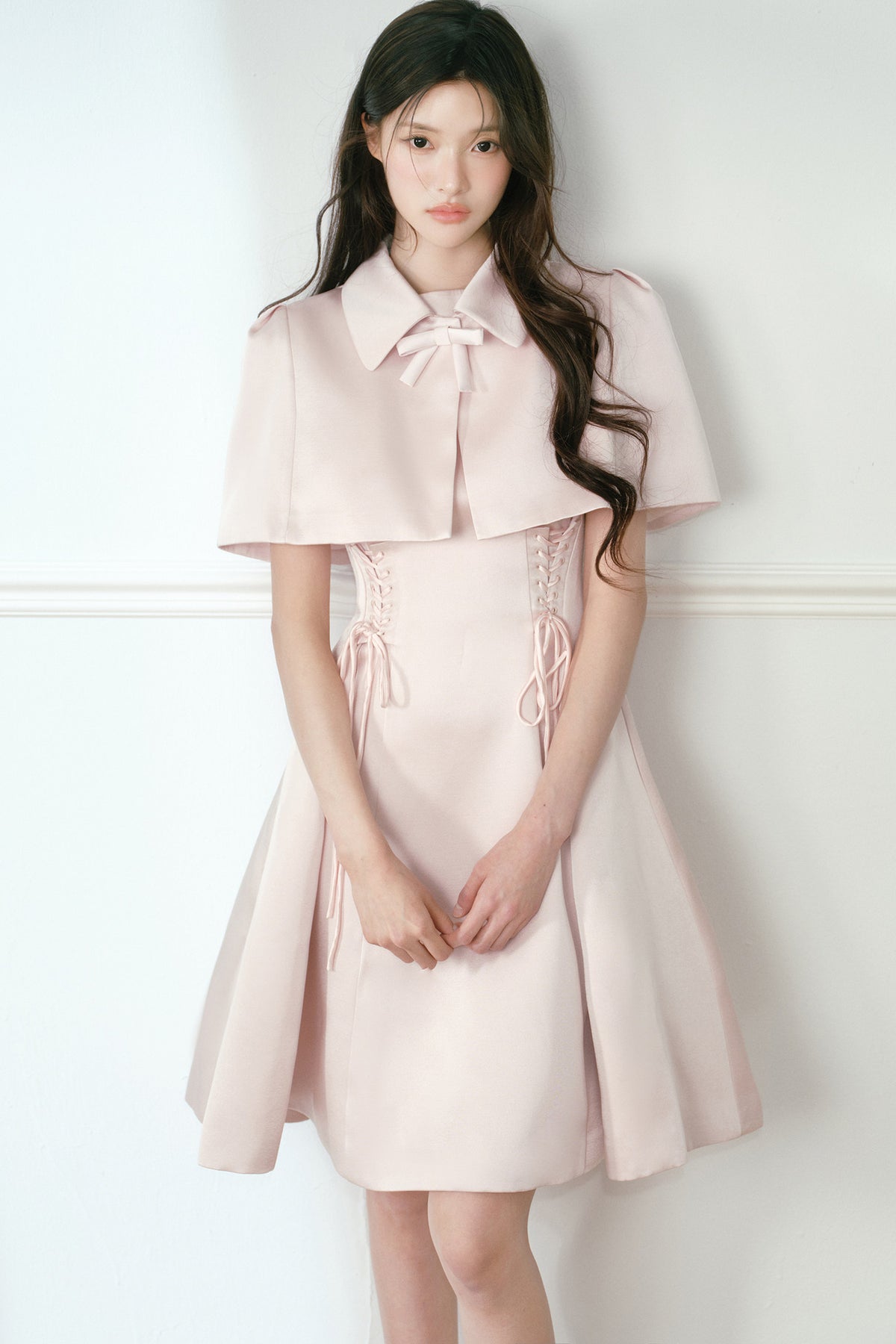 Pink Satin Cape and Waist Tie Dress Set-Up