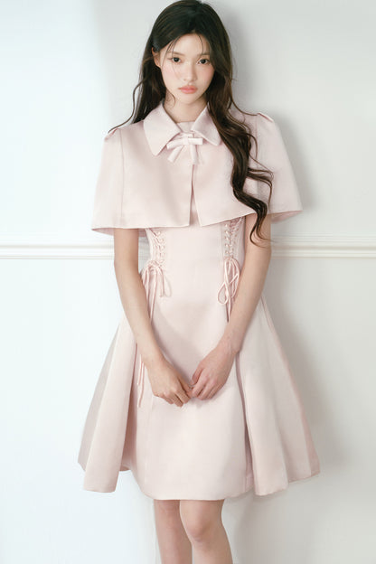Pink Satin Cape and Waist Tie Dress Set-Up