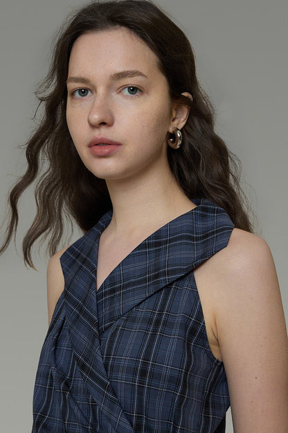 Navy Plaid Pleated Top