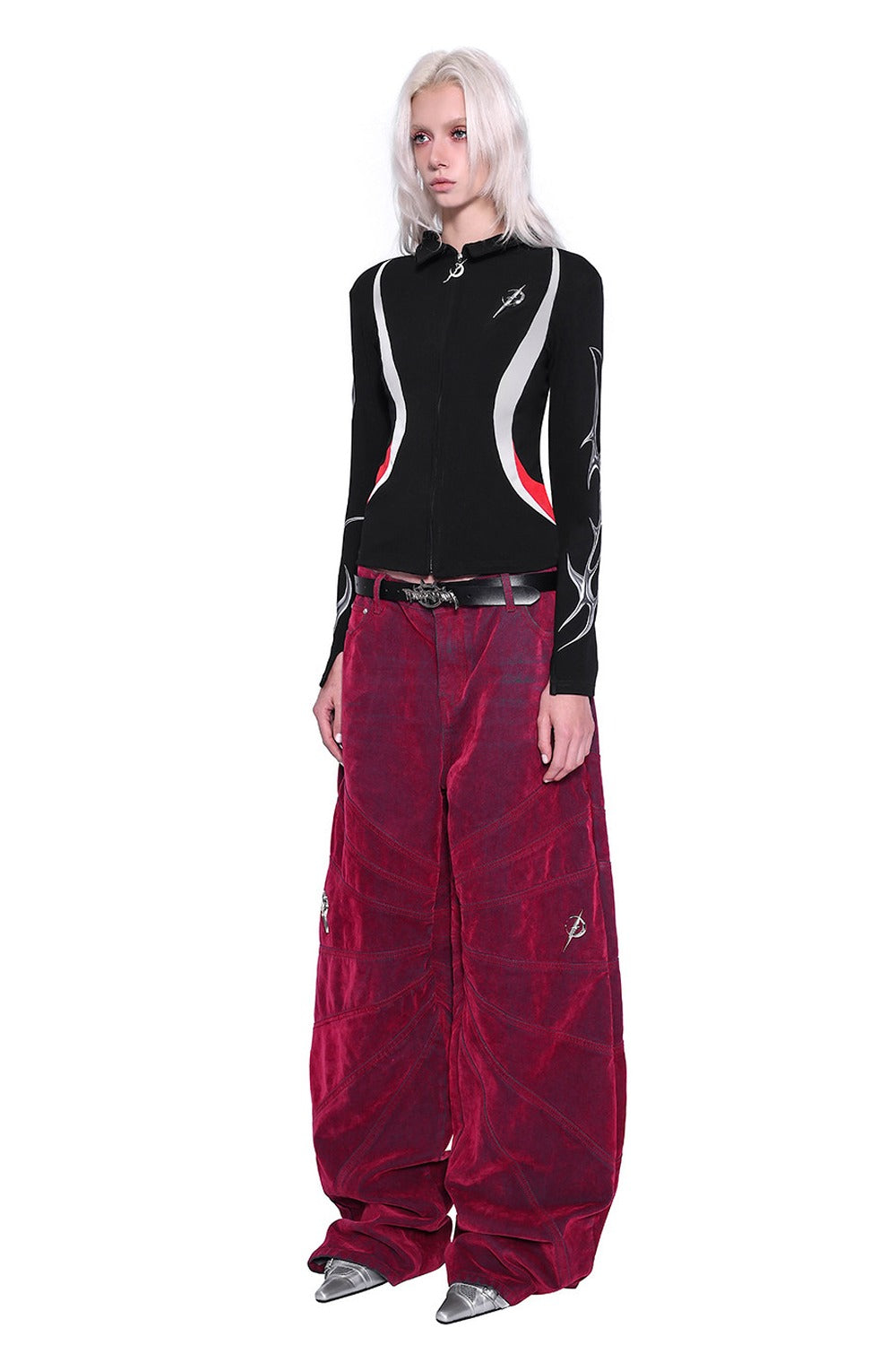 Red Ray Structure Velvet Loose Fit Jeans