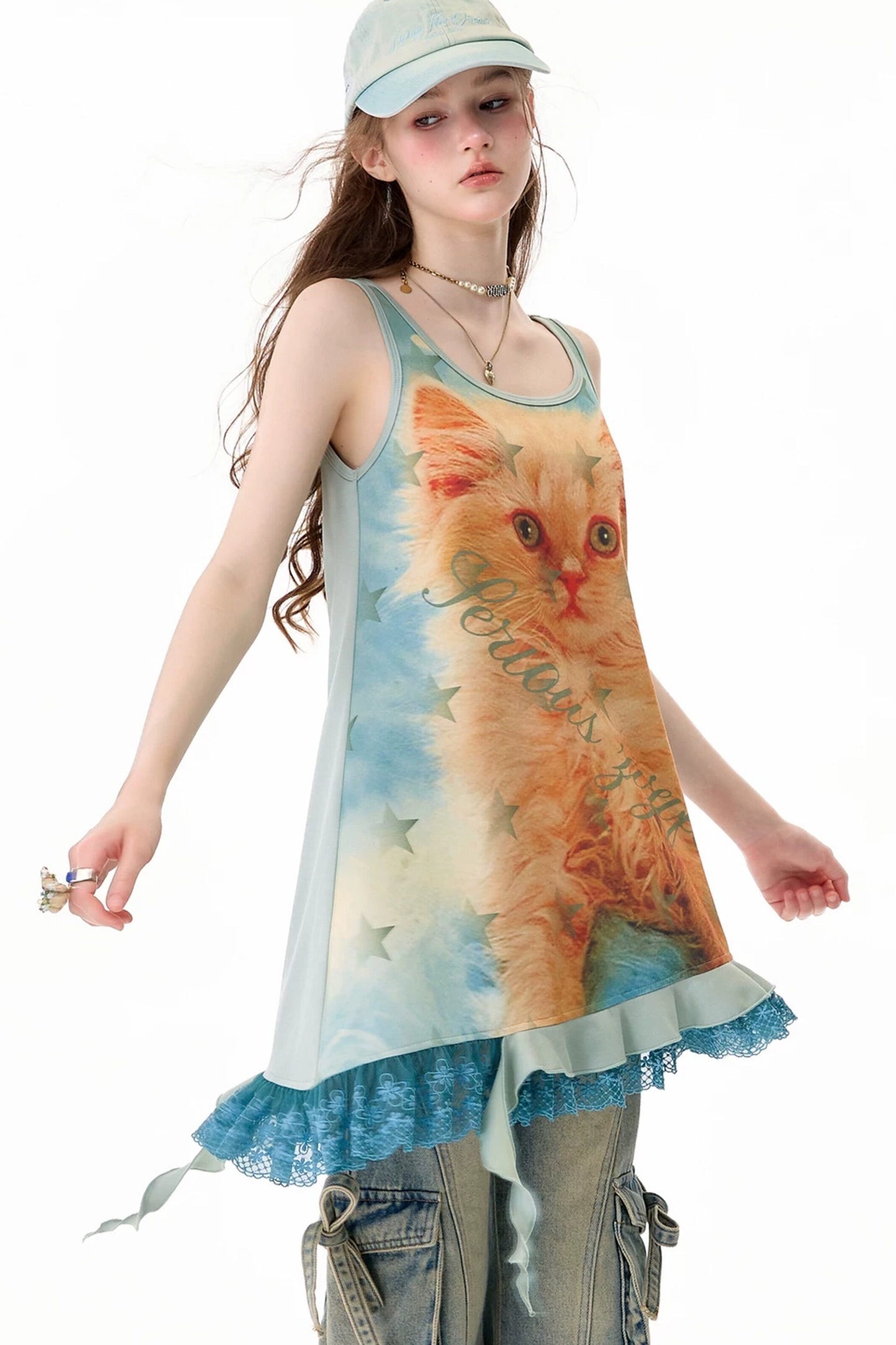 Robe chasuble à imprimé chat et bordure en dentelle