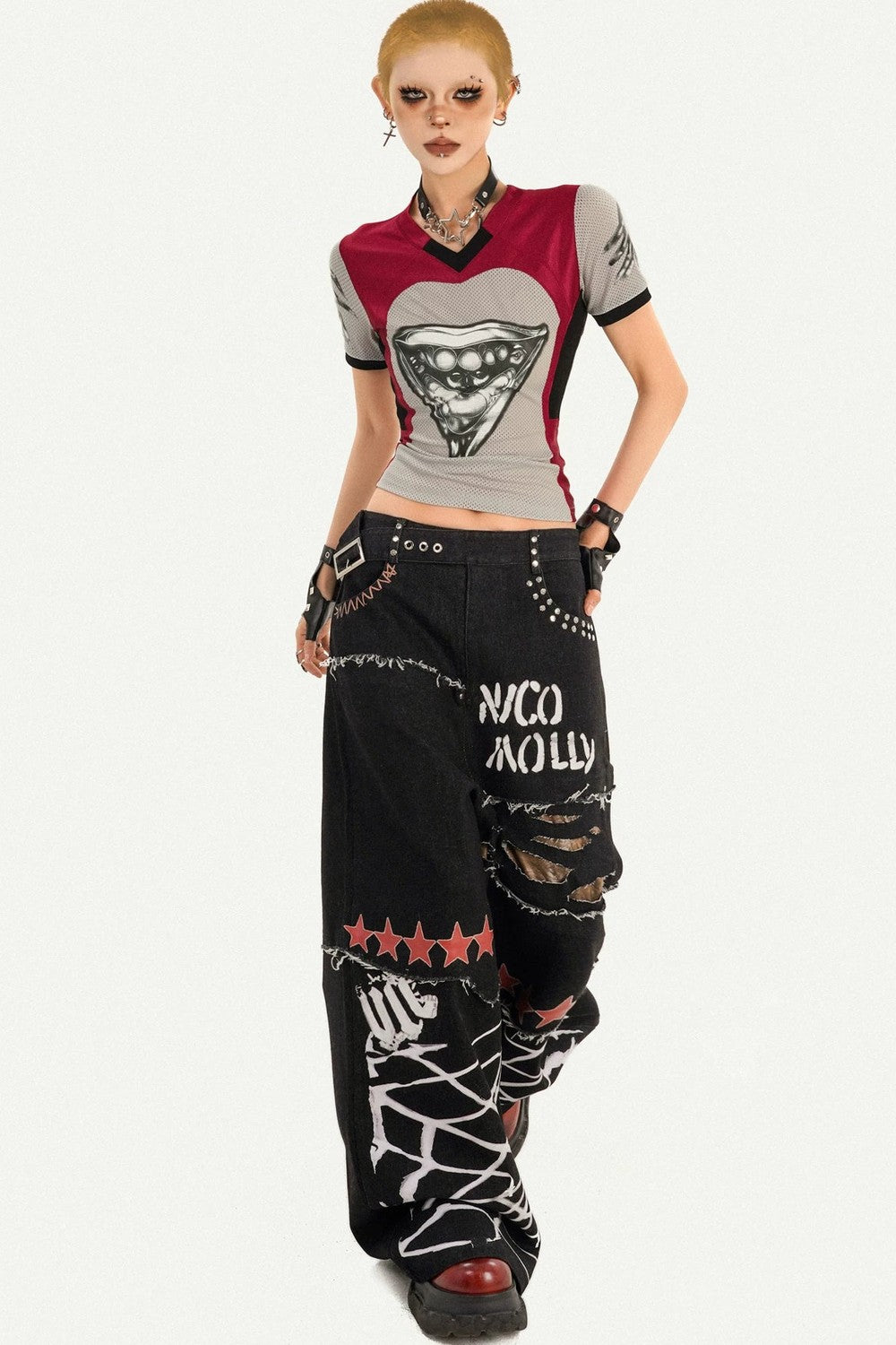 Ripped Graffiti Wide-Leg Jeans