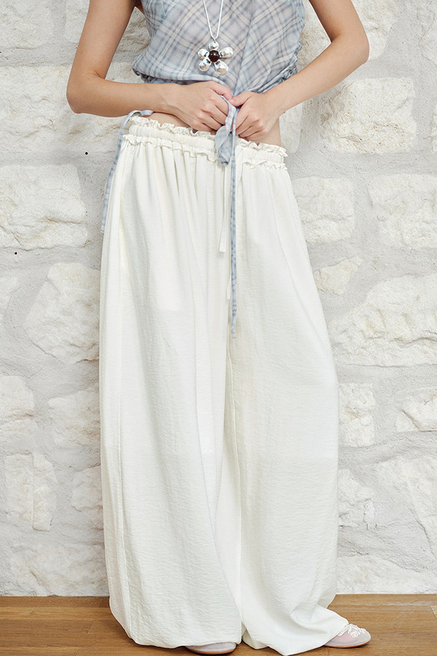 White High-Waisted Drawstring Lantern Pants