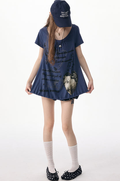 Cat Print Drawstring Short Sleeve T-Shirt
