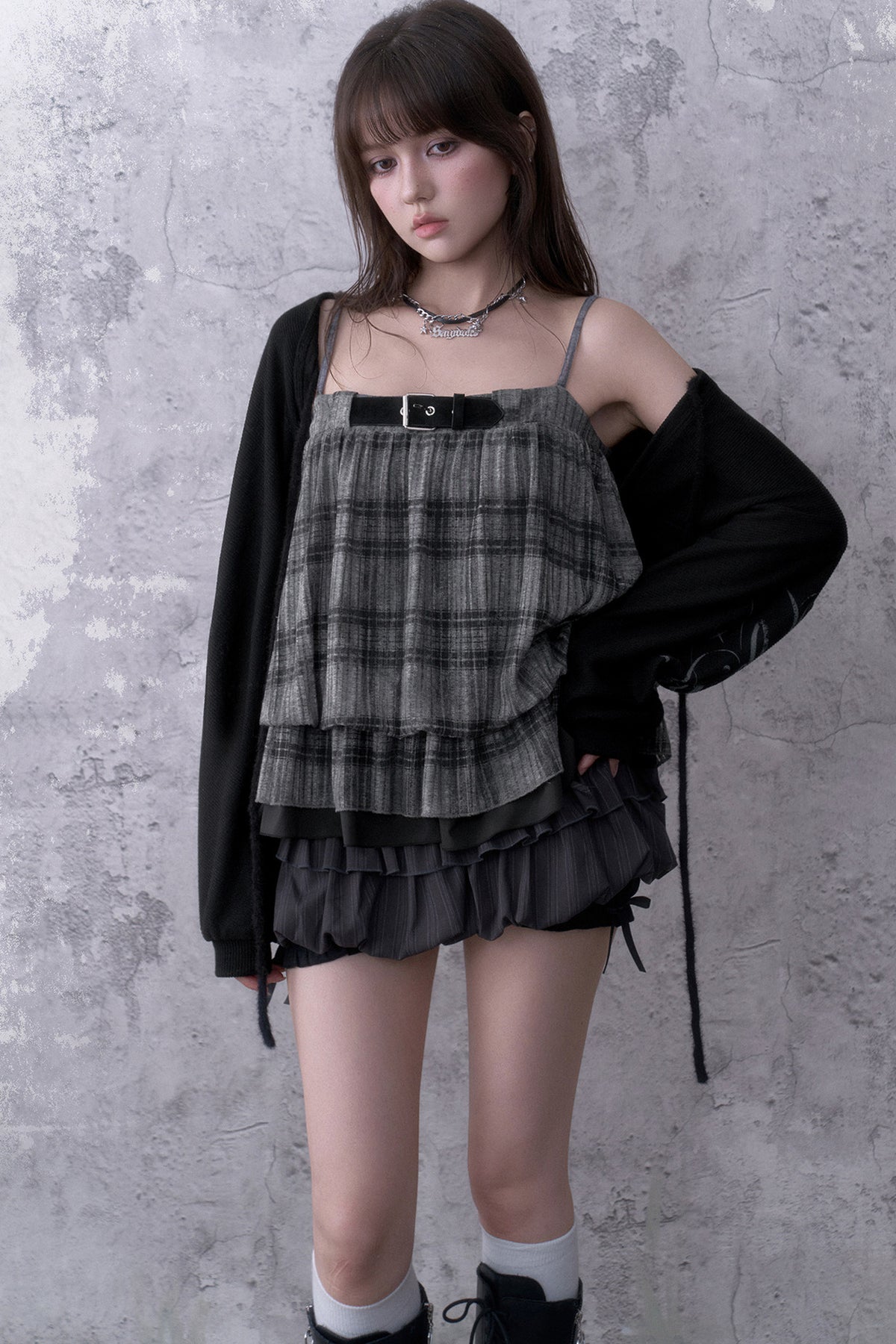 Black Gray Plaid Balloon Suspender Cover-Up Set