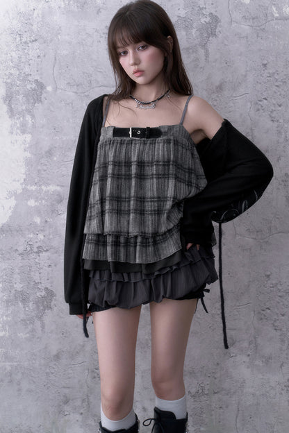 Black Gray Plaid Balloon Suspender Cover-Up Set