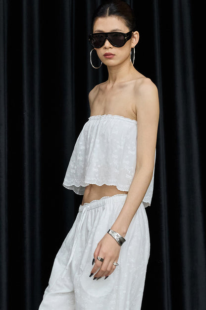 White Cotton Hollow Embroidery Top And Pants Set-Up