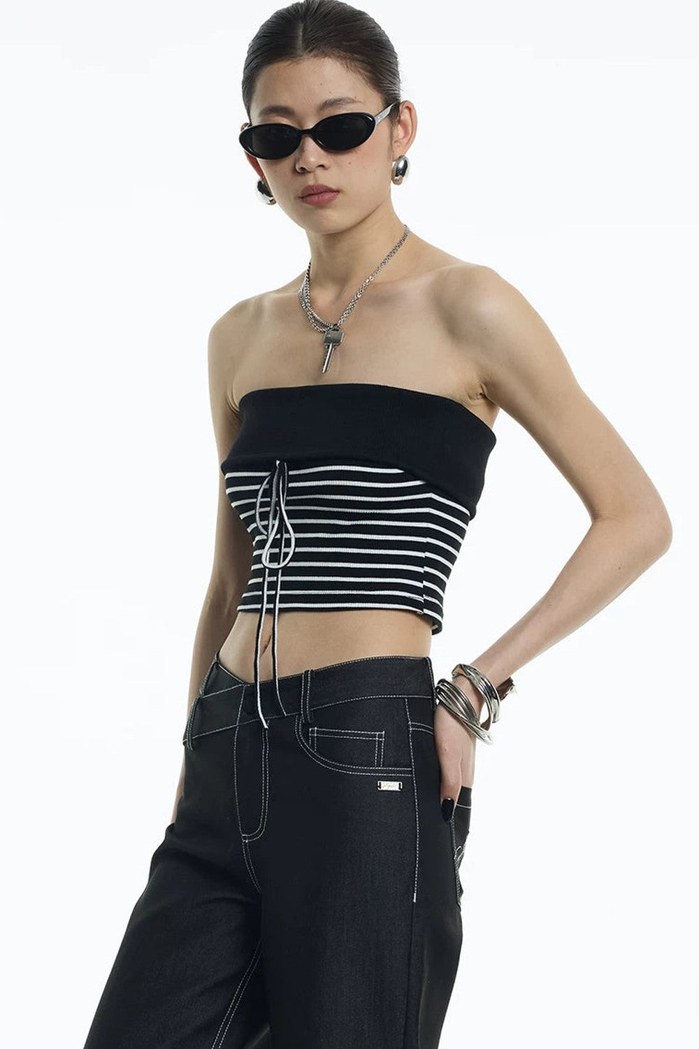 Black White Striped Ribbed Bandeau