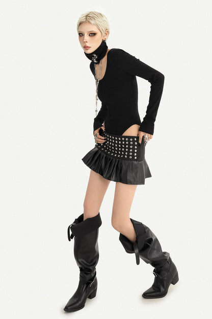Studded Leather Pleated Mini Skirt
