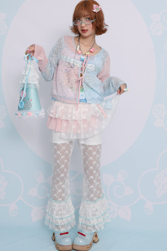 Pink Blue Patchwork Sheer Cardigan Top Set-Up