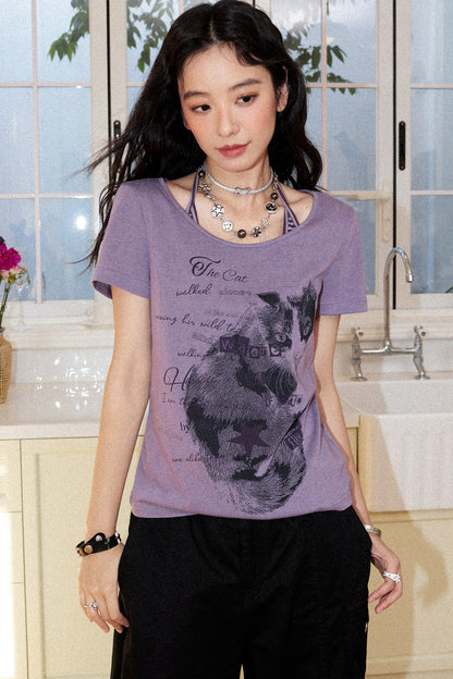 Retro Cat Print T-Shirt