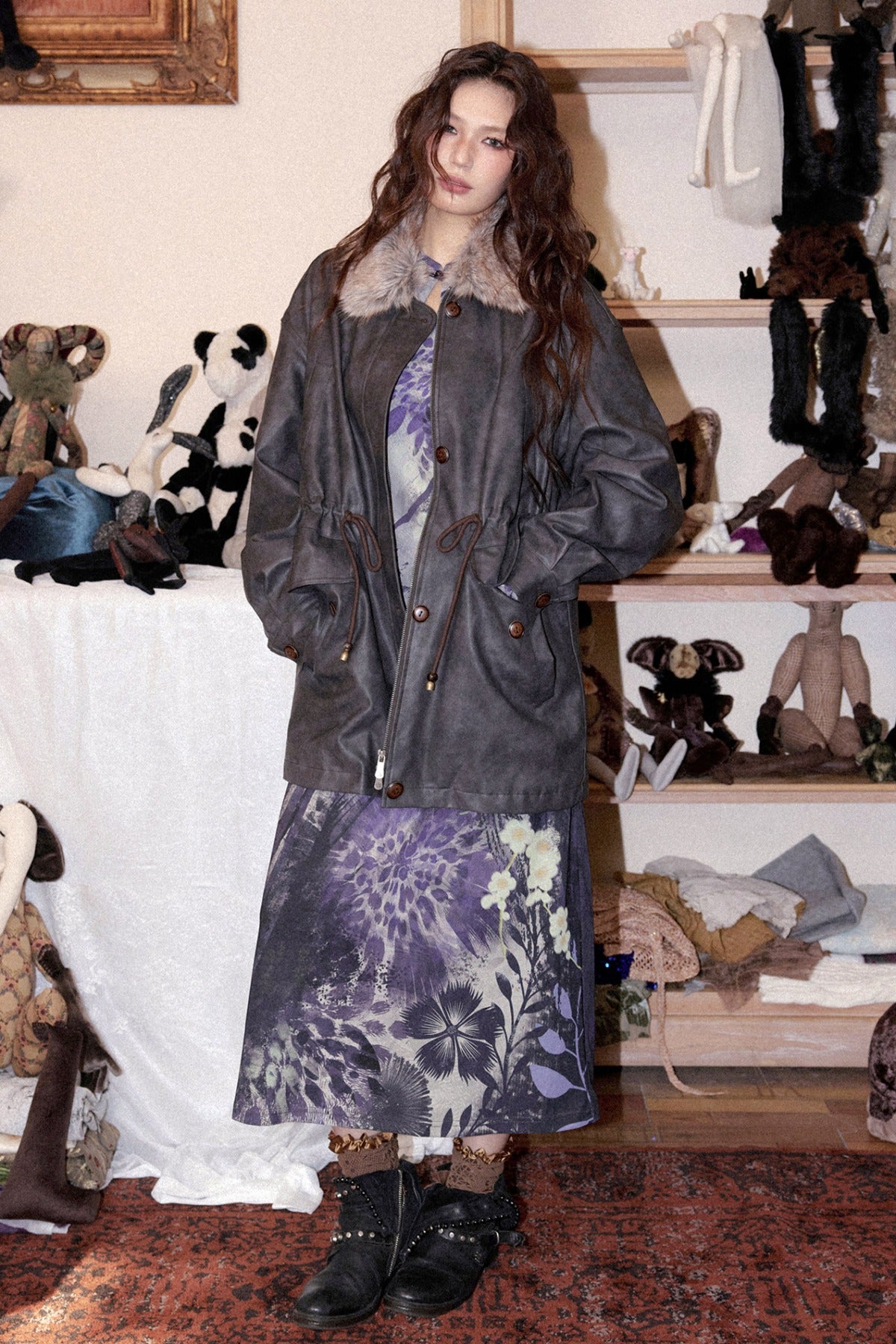 Fleece-Lined Detachable Fur Collar Leather Jacket