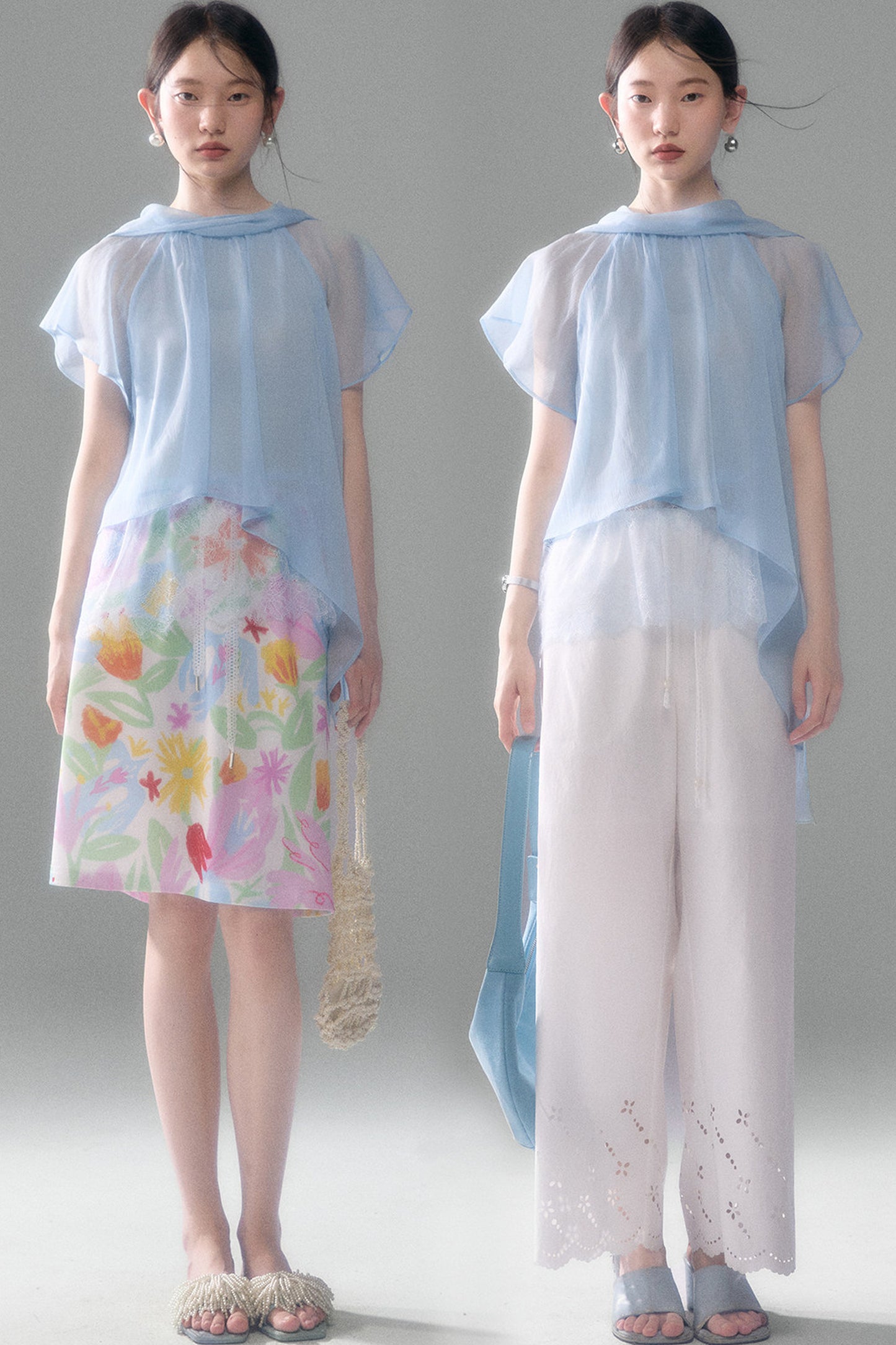 Sheer Blue Lace Ribbon Short Sleeve Top